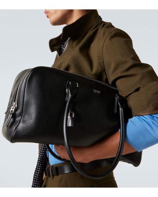 Tom Ford Black Logo Leather Duffel Bag for men