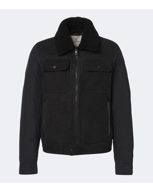 Moncler Black Shearling-Trimmed Suede Down Jacket for men