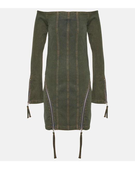 Blumarine Green Off-Shoulder Denim Minidress