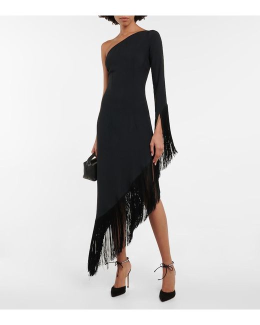 Taller Marmo Blue Aventador Fringed One-Shoulder Midi Dress