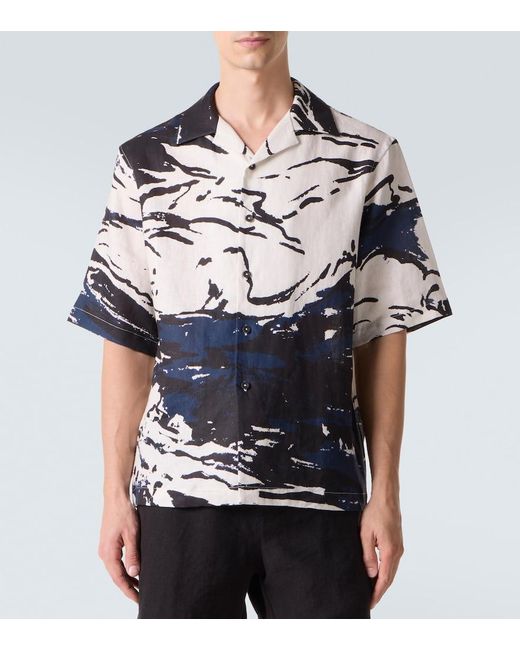 Commas Blue Printed Linen Bowling Shirt for men