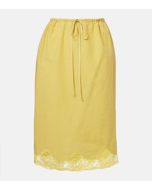 Saint Laurent Yellow Lace-Trimmed Cotton And Silk Midi Skirt