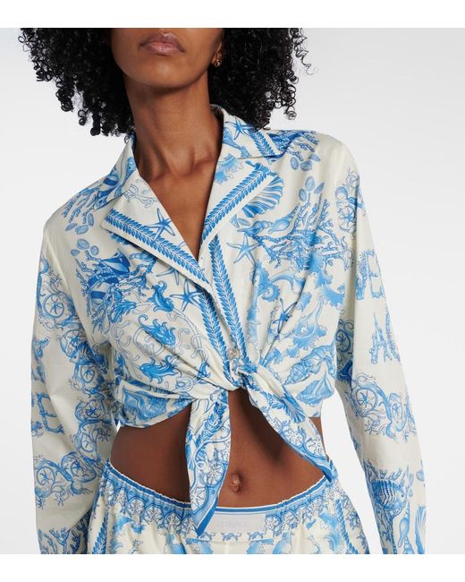Versace Blue Informal Shirt Underwater Barocco Bicolour Foulard On Cotton Poplin