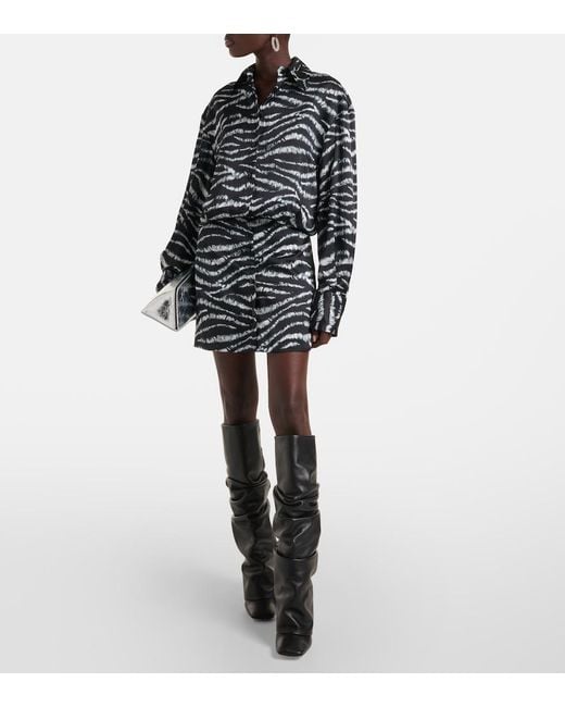 The Attico Black Silvye Zebra-Print Satin Shirt Dress