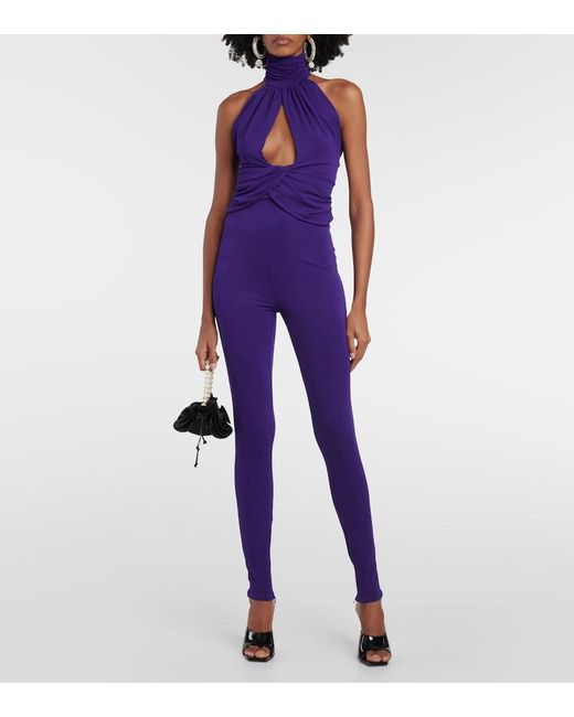 Magda Butrym Purple Gathered Halterneck Jersey Jumpsuit
