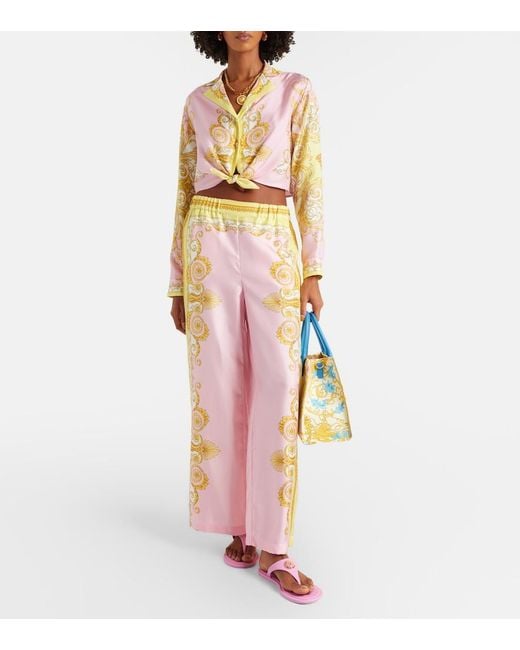 Versace Pink Barocco Foulard Silk Twill Wide-Leg Pants