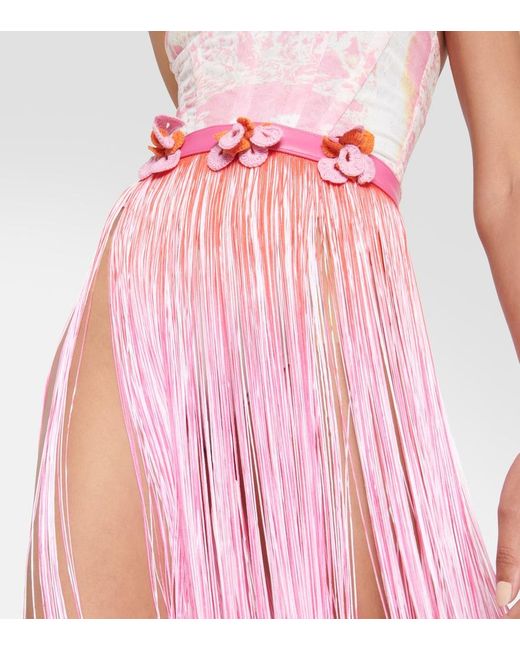 Roberta Einer Pink Ombre Leather-Trimmed Tassel Midi Skirt