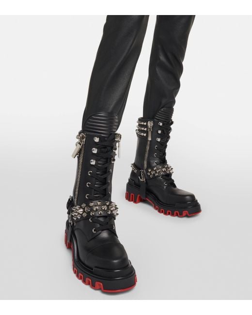 Christian Louboutin Black Janetta Red Sole Spike Leather Biker Boots