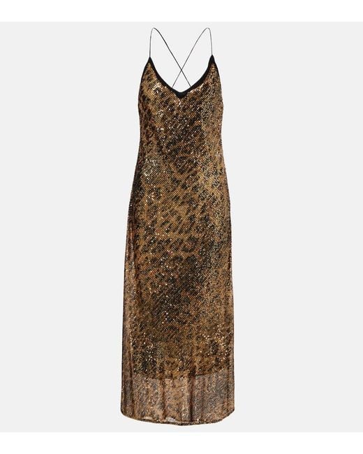 Roberto Cavalli Natural Leopard-Print Sequined Slip Dress