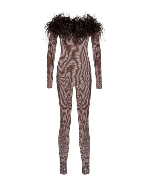 Oseree Brown Feather-Trimmed Mesh Jumpsuit