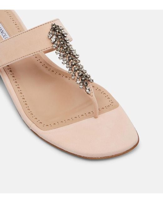 Manolo Blahnik Pink Bizaba Embellished Suede Thong Sandals