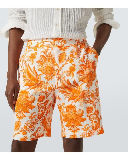 Etro Orange Paisley Linen Bermuda Shorts for men