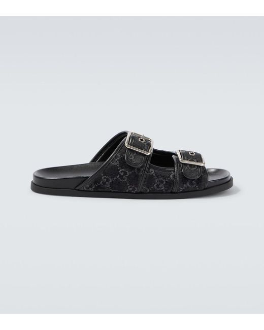 Gucci Black Gg Leather-Trimmed Canvas Slides for men