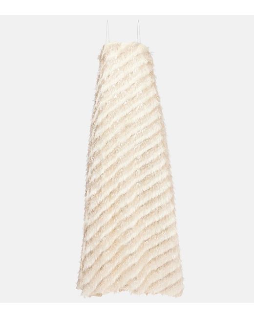‎Taller Marmo Natural Anguilla Fringed Jacquard Maxi Dress