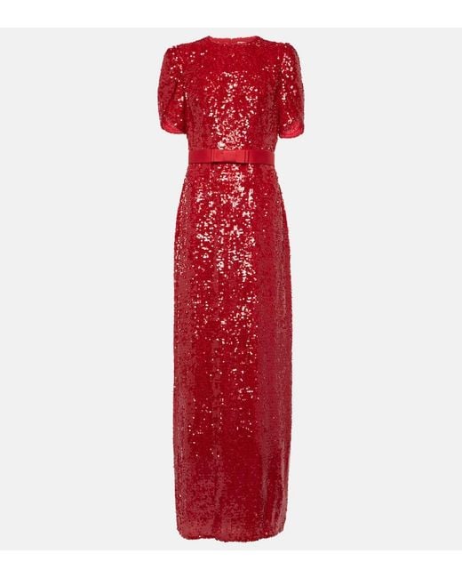 Erdem Red Sequin-embellished Puffed-shoulders Woven Maxi Dress