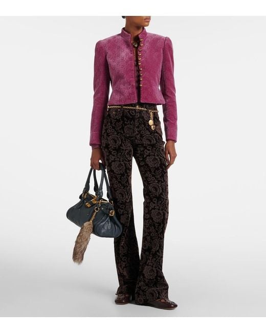 Chloé Black Floral High-Rise Velvet Straight Pants