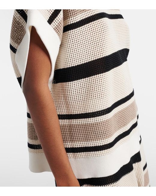 Brunello Cucinelli Natural Open-Knit Striped Cotton Top