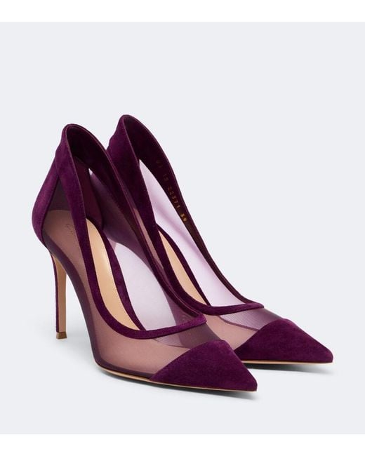 Gianvito Rossi Purple Suede-Trimmed Mesh Pumps