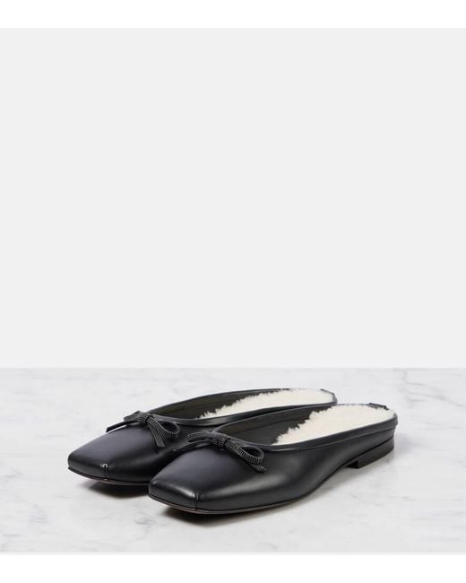 Brunello Cucinelli Black Slippers Monili Aus Leder Mit Shearling