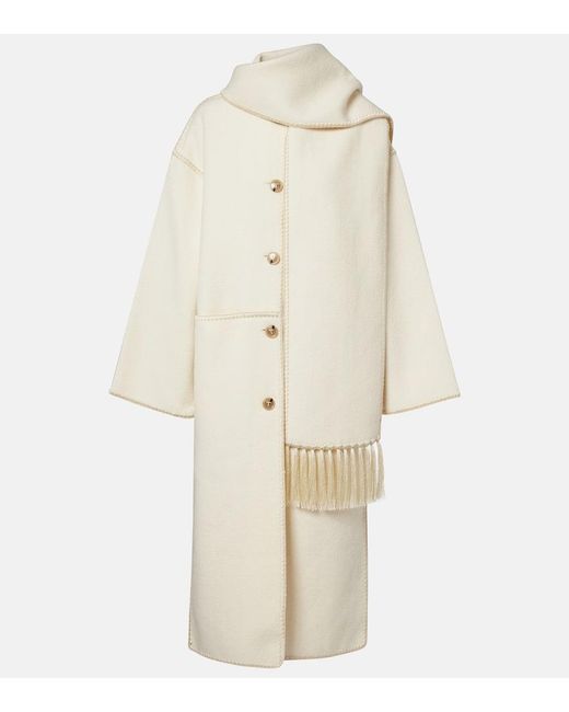 Totême White Fringed Embroidered Wool Scarf Coat