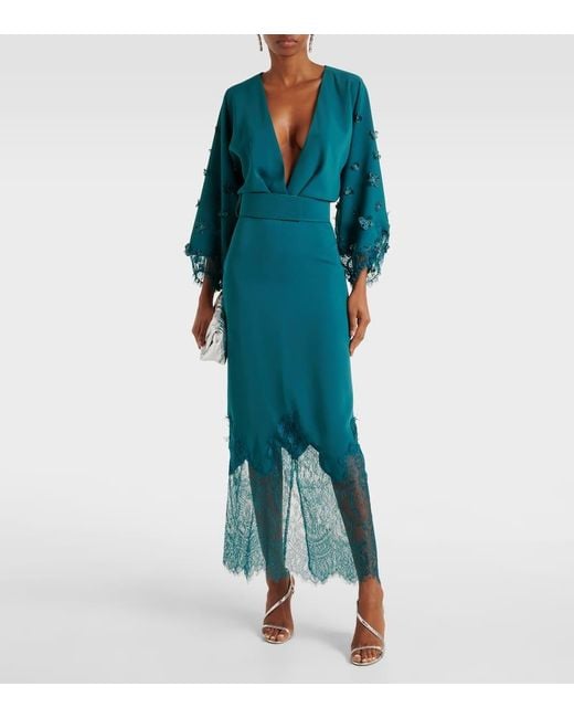 Costarellos Blue Lace-Trimmed Draped Midi Dress