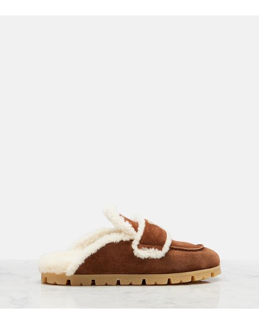 Prada Brown Shearling-Lined Suede Mules