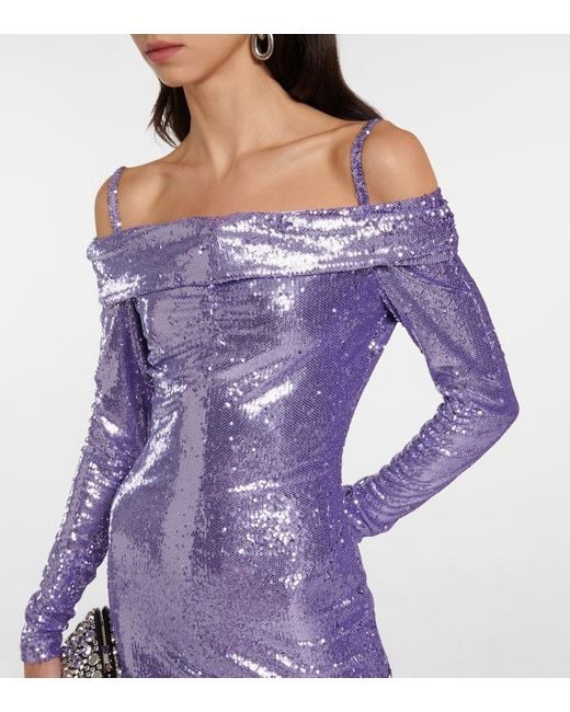 The Attico Purple Fanny Sequined Off-shoulder Gown