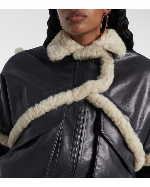 Magda Butrym Blue Leather Jacket With Unique Fur Insert