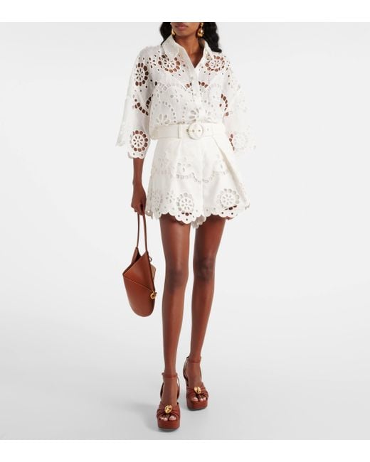 Zimmermann White Pop Embroidered Linen Shorts