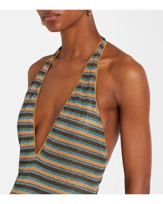 Oseree Metallic Lumiere Striped Halterneck Maxi Dress