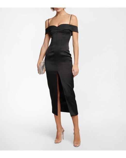 Rasario Black Off-Shoulder Satin Midi Dress
