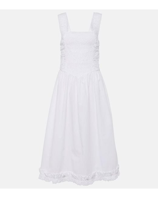 Ganni White Shirred Cotton Poplin Midi Dress