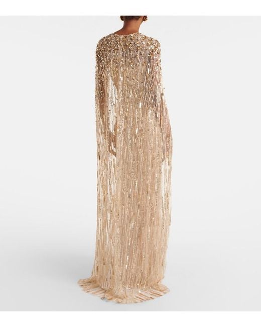 Jenny Packham Ruby Caped Sequined Gown in Natural | Lyst