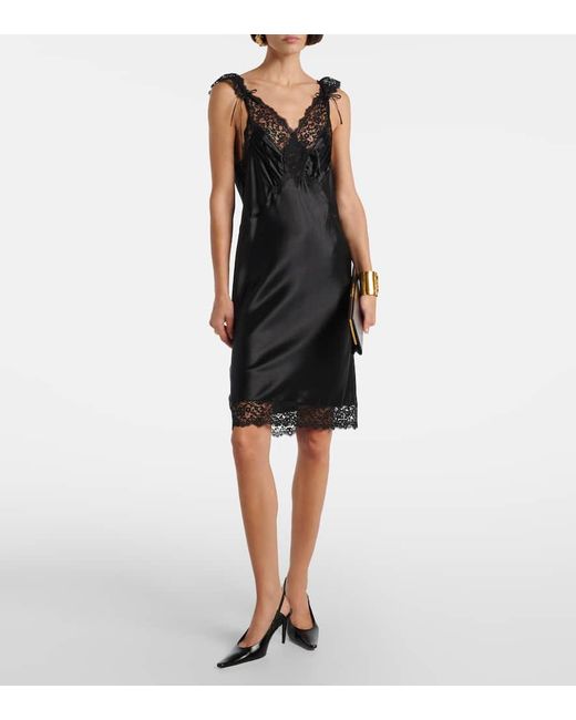 Vestido Lencero De Saten De Seda Con Encaje Saint Laurent de color Black