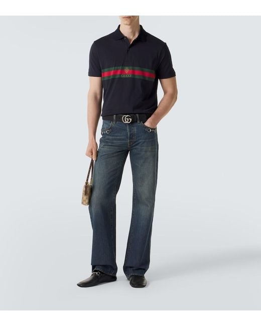 Gucci Blue Web Stripe Cotton Jersey Polo Shirt for men