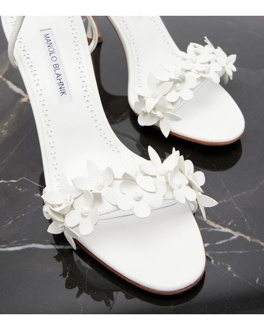 Manolo Blahnik White Anista Floral-Applique Leather Sandals