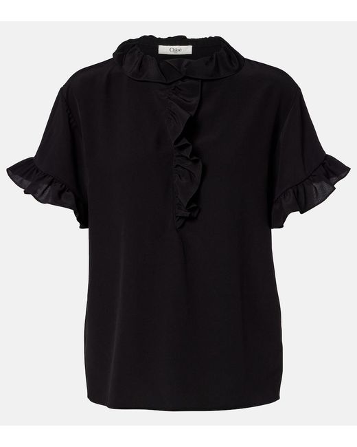 Chloé Black Ruffled Silk Crepe De Chine Top