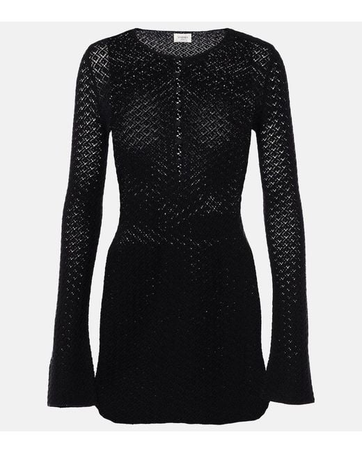 Saint Laurent Black Wool-Blend Crochet Minidress