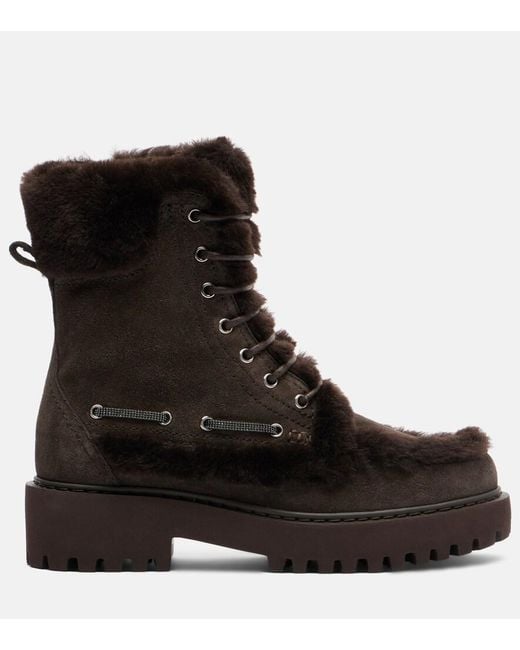 Brunello Cucinelli Black Monili Shearling-Trimmed Suede Lace-Up Boots