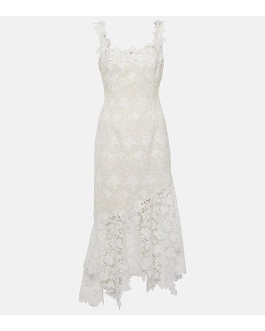 Oscar de la Renta White Floral Lace-Trimmed Tweed Midi Dress