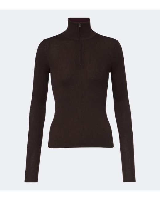 Frankie Shop Black Sade Ribbed-Knit Wool And Silk Half-Zip Sweater