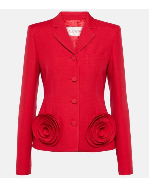 Valentino Red Crepe Couture Floral-applique Blazer