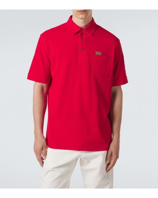 Moncler Red Leather-Trimmed Cotton Pique Polo Shirt for men