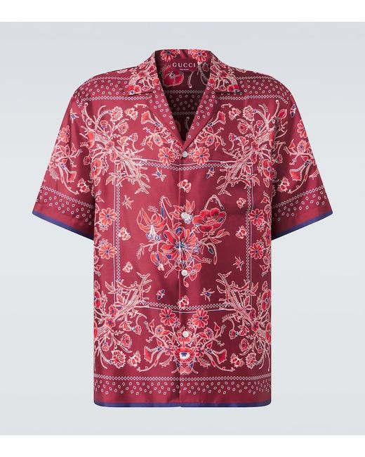 Gucci Red Printed Silk Twill Bowling Shirt for men