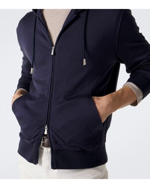 Eleventy Blue Silk And Cotton-Blend Zip-Up Hoodie for men