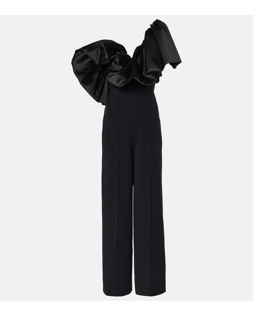 Solace London Black Perla Ruffled Satin-Trimmed Jumpsuit