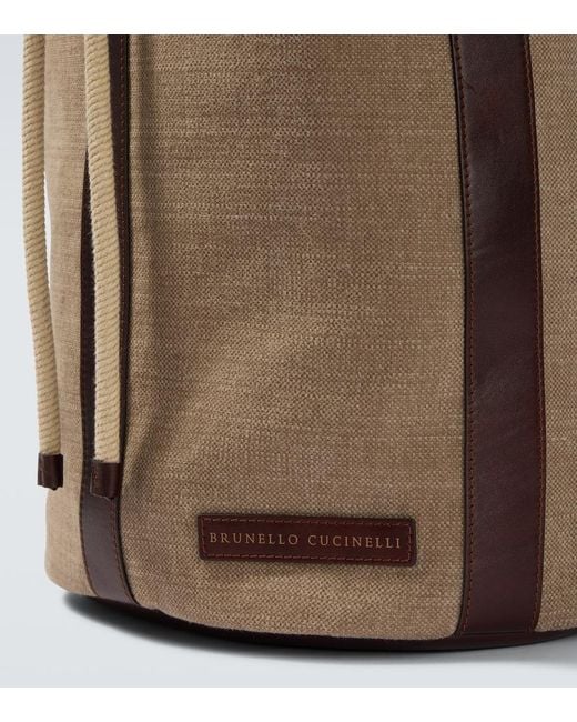 Brunello Cucinelli Brown Leather-Trimmed Canvas Backpack for men