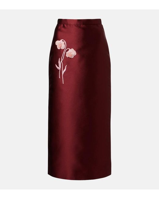 Erdem Red Floral-Applique Satin Slip Skirt