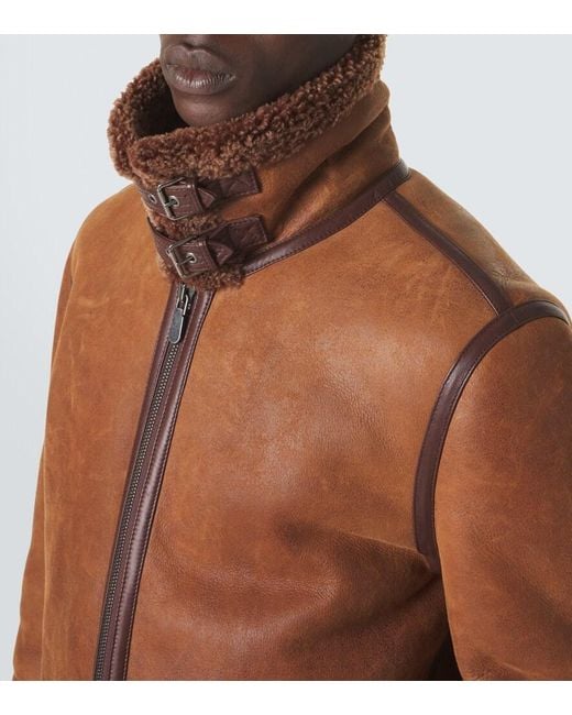 Brunello Cucinelli Brown Shearling-Lined Leather Jacket for men