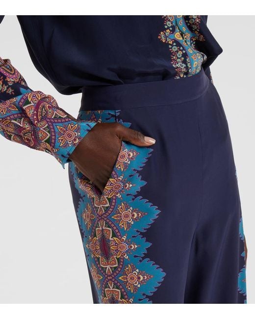 Etro Blue Printed Silk Crepe De Chine Straight Pants